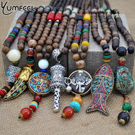 Handmade Nepal Necklace Buddhist Mala Wood Beads Pendant